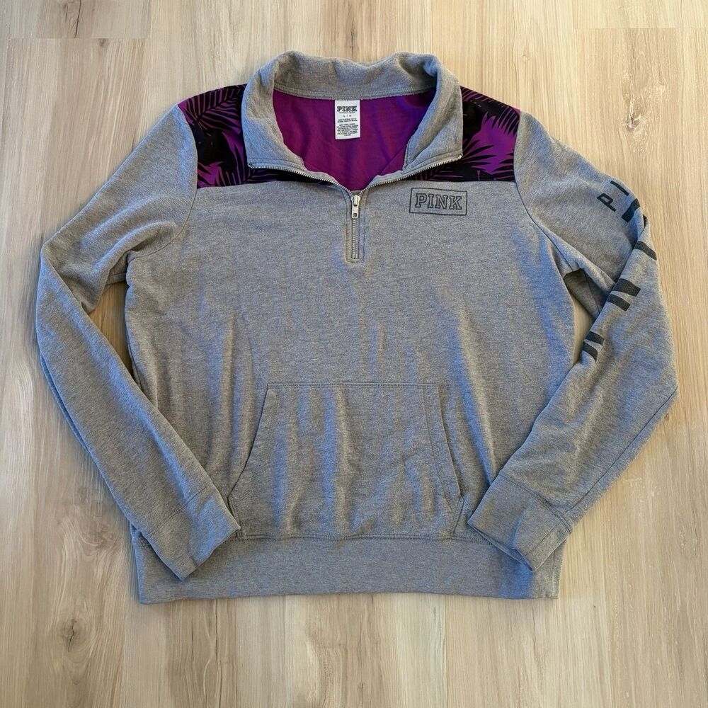 VICTORIAS SECRET Size L Purple Palms Women’s Quarter Zip Sweater Sweatshirt Pink